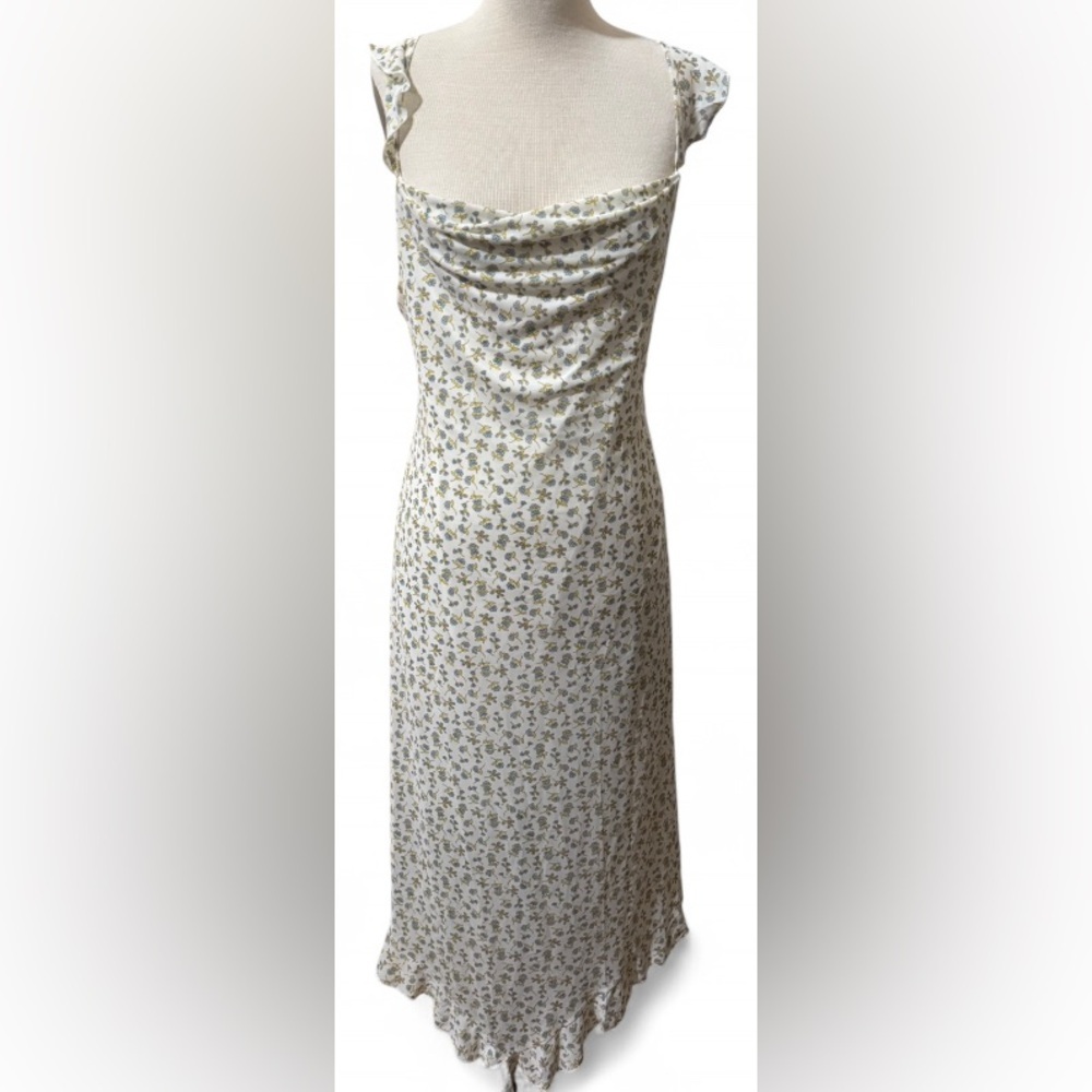 NWT Kirious Los Angeles Floral Maxi Dress Women’s Large White Blue Ruffle
